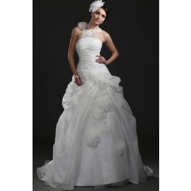 Tiefe Taile Juwel Ausschnitt Brautkleid mit Bordüre mit Tüll