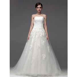 Glamouröse A-Linie Brautkleider Tüll Weiß mit Schleppe
