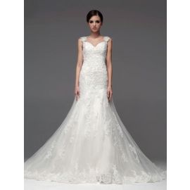 Glamouröse bestickte Brautkleider Tüll A-Linie Weiß mit Trägern