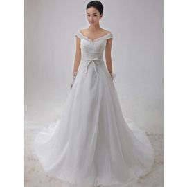 Elegante Brautkleider A-Linie Weiß mit V-Ausschnitt mit Cap-Ärmeln