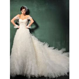 Glamouröse Brautkleider A-Linie Weiß Tüll mit Rüschen