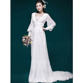 Vintage Brautkleider A-Linie Chiffon Weiß mit langen Ärmeln