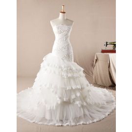 Glamouröse Brautkleider Meerjungfrau Weiß Tüll mit Rüschen