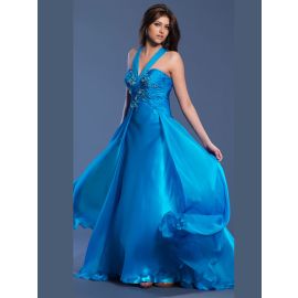 Glamouröse geraffte Abendkleider Blau Chiffon Lang mit Trägern