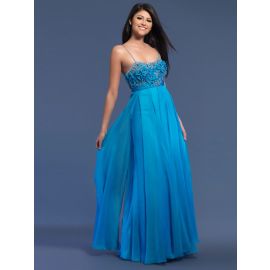 Glamouröse bestickte Abendkleider Blau A-Linie Chiffon lang