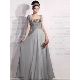 Elegante Abendkleider A-Linie Chiffon Grau lang mit Ärmeln