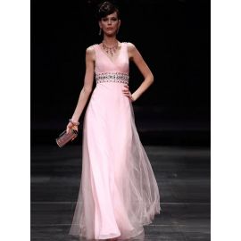 Elegante Abendkleider Tüll A-Linie Rosa lang mit Trägern