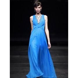 Elegante geraffte rückenfreie Abendkleider Blau Chiffon A-Linie lang