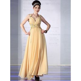 Elegante Abendkleider Gelb A-Linie Chiffon Lang mit Trägern