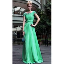 Exquisite Abendkleider Grün A-Linie Chiffon Lang mit Ärmeln