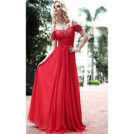 Exquisite Abendkleider Rot A-Linie Chiffon Lang mit Carmen-Ausschnitt