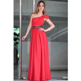 Exquisite One Shoulder Abendkleider Rot A-Linie Satin Lang