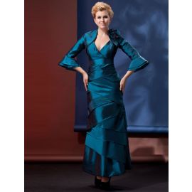Elegante geraffte Brautmutterkleider Blau Taft mit V-Ausschnitt