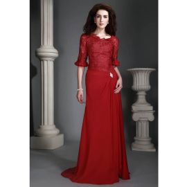 Glamouröse Chiffon Brautmutterkleider lang Rot mit Ärmeln