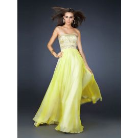Elegant  besticktes Chiffon Abendkleid Trägerlos Gelb lang