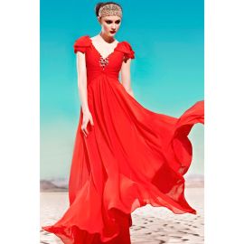 Modern Chiffon V-Ausschnitt Abendkleider mit Ärmeln in Rot