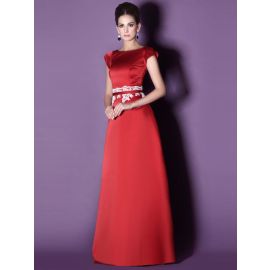 Elegante Abendkleider A-Linie Satin Rot Lang mit Cap-Ärmeln