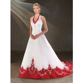 Luxus A-Linie Satin Brautkleid Weiß Rot mit Neckholder