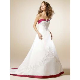 Glamour A-Linie Satin Brautkleid Weiß Rot mit Stickereien